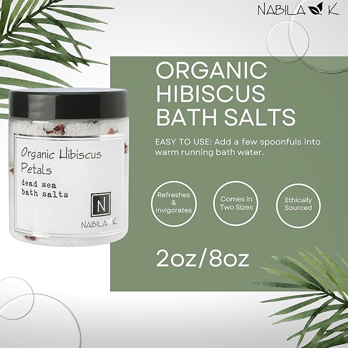 Organic Hibiscus Petals Bath Salts by Nabila K - Dead Sea Salt & Epsom Salt Scrub & Soak - Exfoliates & Hydrates Skin, Botanical Essential Oils - Bubble Bath Accessories for All Skins Types, 8 oz-VivaGrace Women