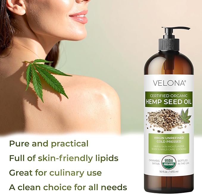 velona Hemp Seed Oil USDA Certified Organic - 16 Fl Oz | 100% Pure and Natural Carrier Oil | Unrefined, Cold Pressed | Hair, Body, Face & Skin Care-VivaGrace Women