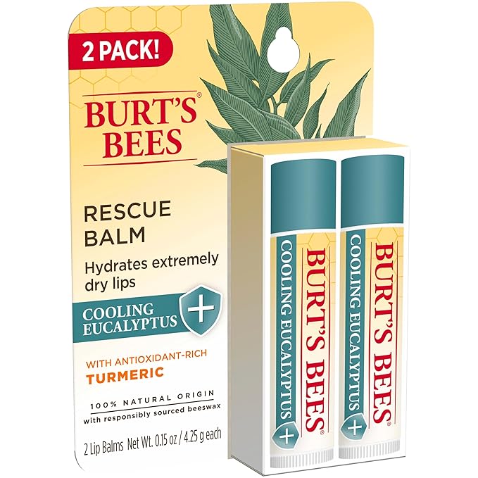 Burt's Bees 100% Natural Origin Rescue Lip Balm With Beeswax and Antioxidant-Rich Turmeric Promotes Healing Of Extremely Dry Lips, Cooling Eucalyptus, 2 Tubes in Blister Box(Pack May Vary)-VivaGrace Women