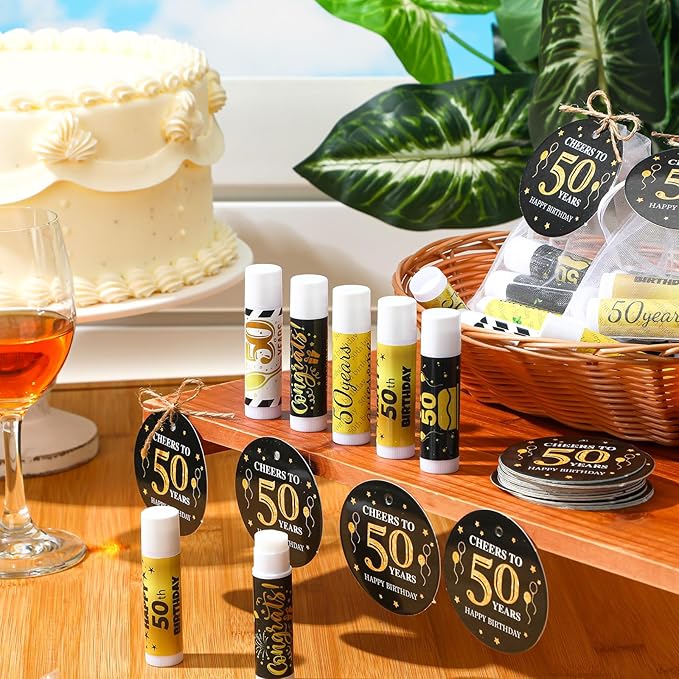 50 Sets Birthday Favors Lip Balm Gifts Bulk Moisturizing Lip Balm with 50 Organza Drawstring Gift Bag 50 Tags Birthday Party Supplies Gifts Bulk for Men and Woman (50th Birthday)-VivaGrace Women