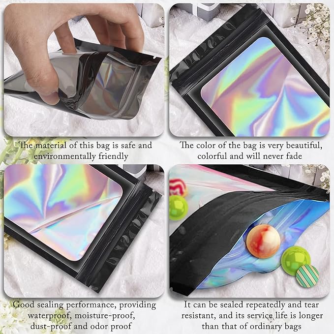 100 Pieces Smell Proof Mylar Bags, Holographic Packaging Bags, Resealable Odor Foil Pouch Zipper Bag with Clear Window for Food Storage and Lipgloss, Jewelry Lash (Black, 4 x 6 Inch)-VivaGrace Women