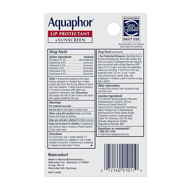 Aquaphor Lip Repair Lip Balm with Sunscreen, Lip Protectant, Lip Balm SPF 30, 0.35 Oz Tube (Pack of 48)-VivaGrace Women