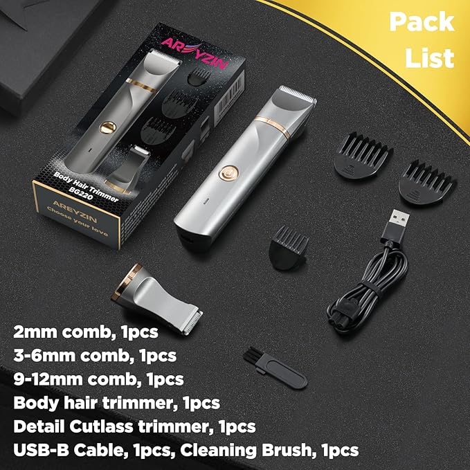 AREYZIN Body Hair Trimmer for Women Electric Body Shaver for Back Chest Armpit Legs Pubic Hair, USB Rechargeable, Replaceable Snap-in Ceramic Blades, IP7X Waterproof for Wet and Dry Use,Gray&Gold-VivaGrace Women