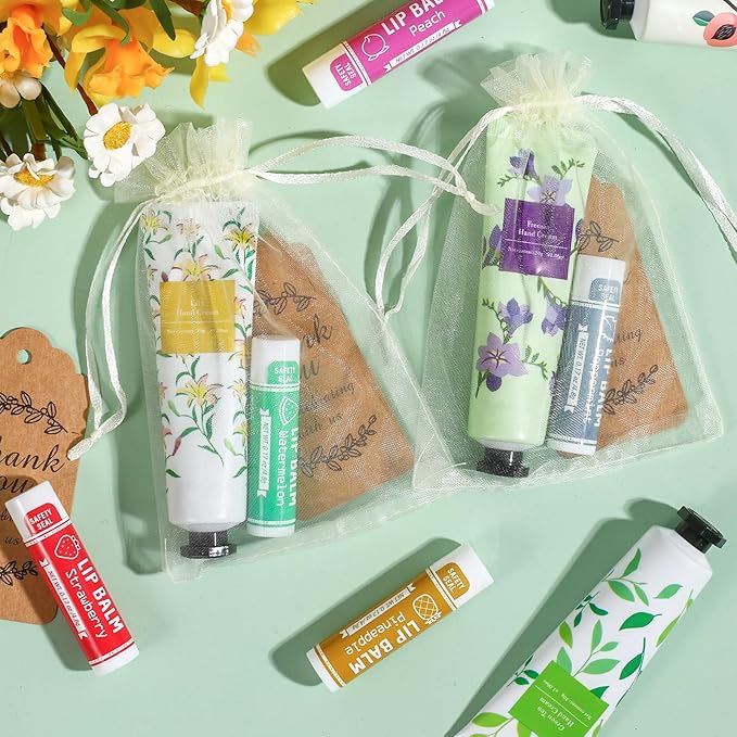 AZEN 50 Sets Hand Cream Bulk and Lip Balm Bulk Set, Bridal Shower Gifts for Guests, Thank You Gifts for Coworkers Women Men with Organza Bag Thank You Card, Bridal Wedding Favors for Guests-VivaGrace Women