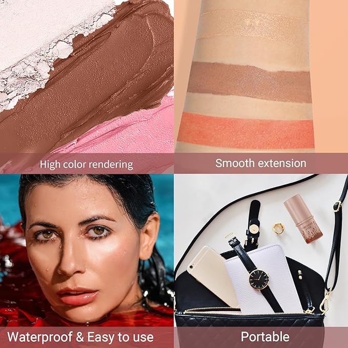 3Pcs Cream Contour Stick, with Highlighter Stick Milk Bronzer Stick Blush Stick, Face Contour Stick Highlighter Makeup with Makeup Brush and Sponge, Easy to Sculpt the Face, Long Lasting-VivaGrace Women