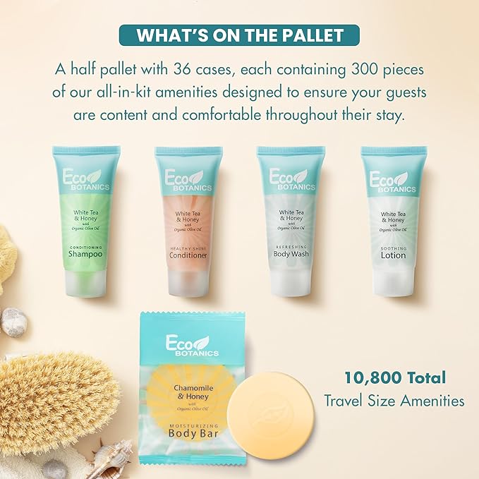 Eco Botanics Hotel Soaps & Toiletries Bulk Set | 0.85oz Hotel Shampoo & Conditioner, Body Wash, Body Lotion & Bar Soap Travel Size | Half Pallet, 36 cases with 300 units each - 10,800 pieces-VivaGrace Women