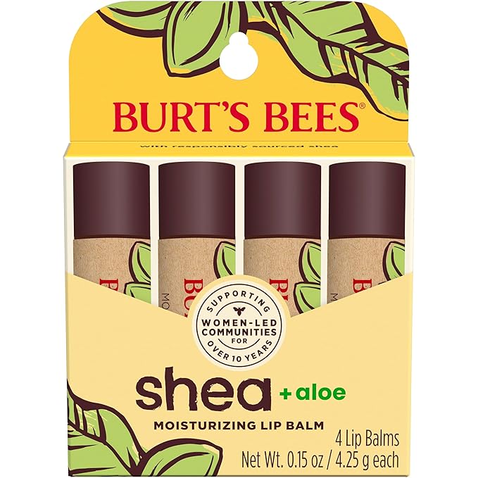 Burt's Bees Lip Balm Mothers Day Gifts for Mom - Shea and Aloe Lip Moisturizer With Responsibly Sourced Beeswax, Tint-Free, Natural Origin Conditioning Lip Treatment, 4 Tubes, 0.15 oz.-VivaGrace Women