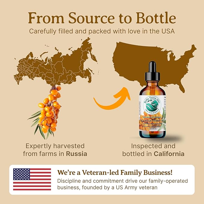 Bella Terra Oils - Organic Sea Buckthorn Oil 2 oz - Dive into Rich Essence of Organic Sea Buckthorn Berry, Packed with Vitamin C, E, & A, Omega-Fatty Acids Delight for Face-VivaGrace Women