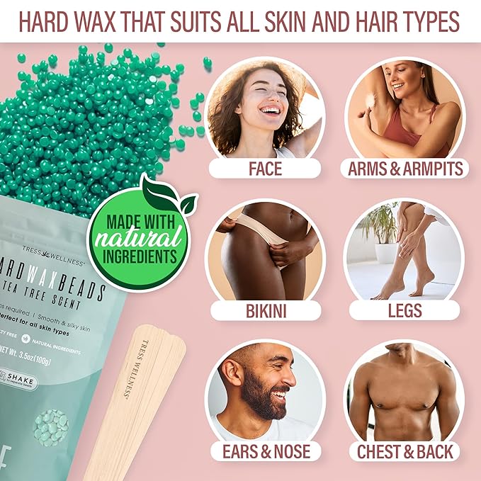 Tress Wellness Waxing Kit for Sensitive Skin – Safe for Face & Skin, Prep & Aftercare Spray, Easy to Use – At-Home Kit for Face, Bikini, Brazilian & Full Body - Pink, No Display-VivaGrace Women