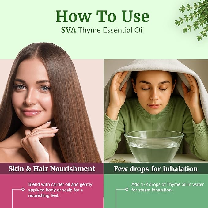 SVA Thyme Essential Oil – 4 Fl Oz – 100% Natural Thyme Oil - for Diffuser, Hair Care, Face, Skin Care, Aromatherapy, Scalp and Body Massage, Soap and Candle Making – with Dropper-VivaGrace Women