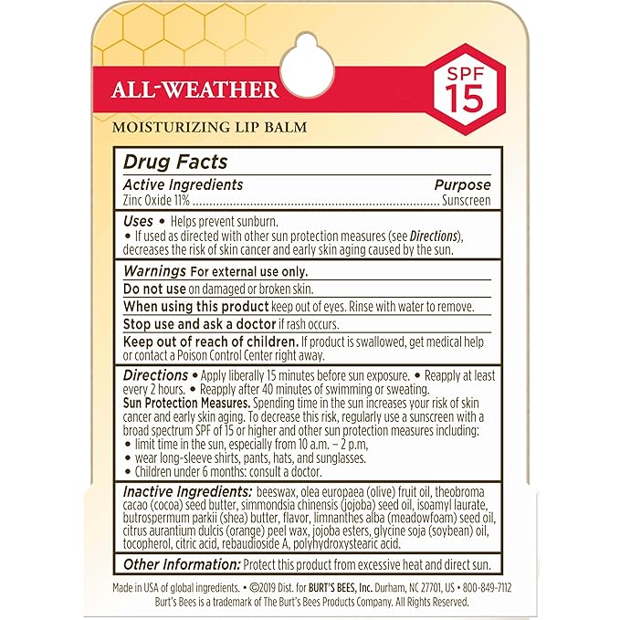 Burt's Bees All Weather SPF 15 Lip Balm, Water-Resistant Lip Moisturizer, Tint-Free, Natural Conditioning Lip Treatment, 1 Tube, 0.15 oz.-VivaGrace Women