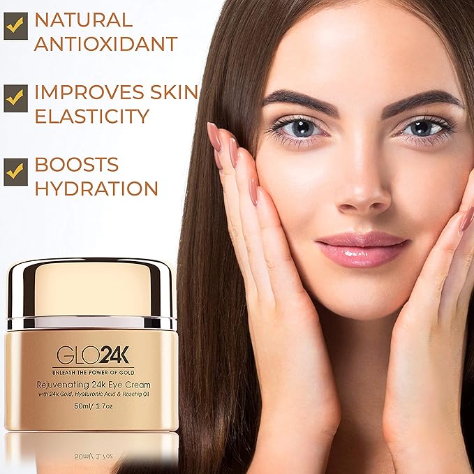 GLO24K Eye Cream with 24k Gold, Hyaluronic Acid, Rosehip Oil, and Vitamins. Minimizes wrinkles and fine-lines around the eyes-VivaGrace Women