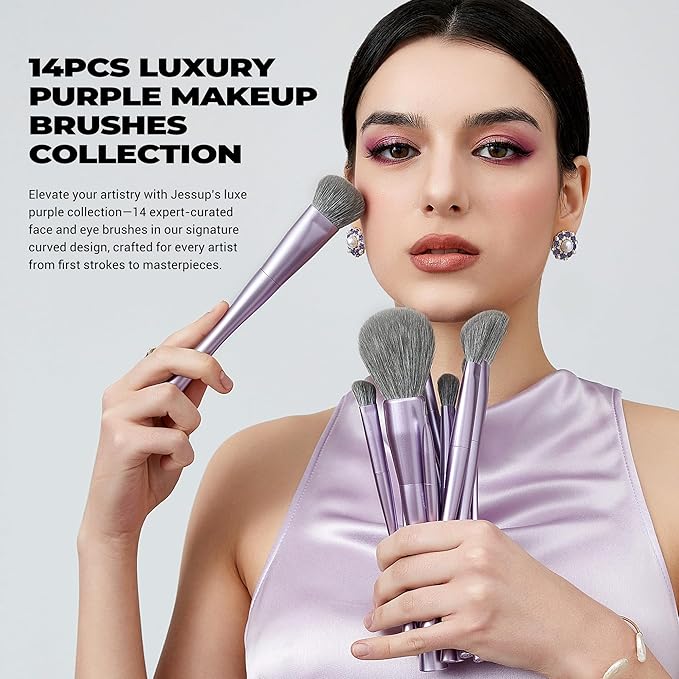 Jessup Makeup Brushes Set Professional 14pcs Vegan Make Up Brushes, Foundation Eyeshadow Concealer Contour Powder Blush Blending Eyeliner Brush, Premium Synthetic Fiber, Luxury Purple T512-VivaGrace Women