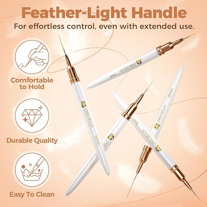 UNA GELLA Nail Art Brushes Metallic, Liner Pens Set For Nail Art Gel Polish, 5Pcs White Color, Detail Nail Art Design Painting Brush Set For Nails Gel Fine Drawing Nail Tools, Sizes 7/9/11/15/25mm-VivaGrace Women