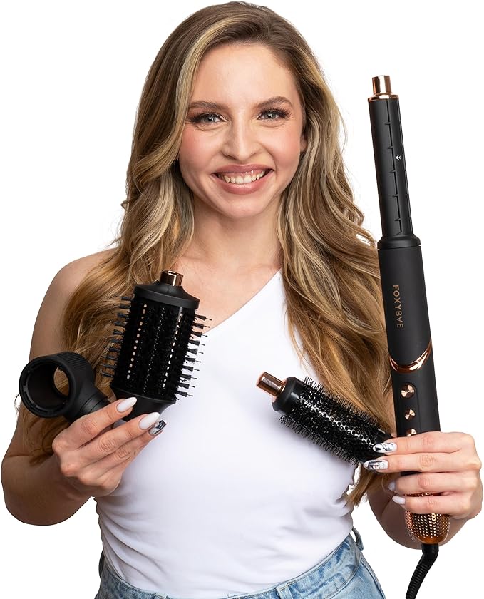FoxyBae Super Styler Pro Interchangeable 5 in 1 Hair Styler Wand Curling Iron Set - w/Drying Cylinder, Ceramic Blowout & Round Brushes, 2 Auto-Wrap Curlers - Frizz-Free, Smooth Hair [Black Rose-Gold]-VivaGrace Women