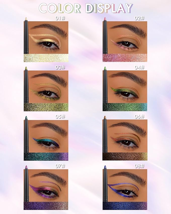 Colored Glitter Eyeliner Pencil, Chameleon Matte Metallic Eyeliner Pen Eyeshadow, Pink Shimmer Retractable Eyeliner Waterproof Smudge-proof, Highlighter Gel Eye Liner with Sharpener Gift for Women-02