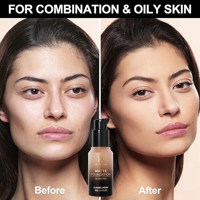 FV Full Coverage Liquid Foundation, Lightweight & Concealing, Long Lasting Matte Foundation Makeup with Flawless Finish, Oil Control Waterproof Foundation for Oily Skin (Classic Ivory Matte)-VivaGrace Women