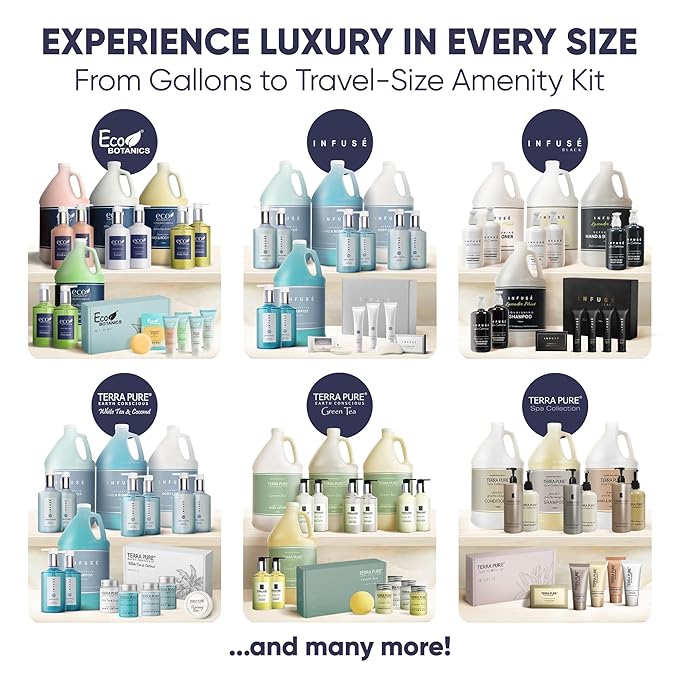 Eco Botanics Amenity & Accessory Kit | 0.85 oz Travel Size Shampoo, Conditioner, Lotion, Body Wash, Soap Bar, Shave & Dental Sets, Make-Up Remover Wipes, & Vanity Kit | 60 sets per case-VivaGrace Women