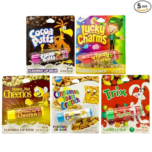 Cereal Flavored Lip Balm Set (5 Pack) Cocoa Puffs, Lucky Charms, Honey Nut Cheerios, Cinnamon Toast Crunch, and Trix-VivaGrace Women
