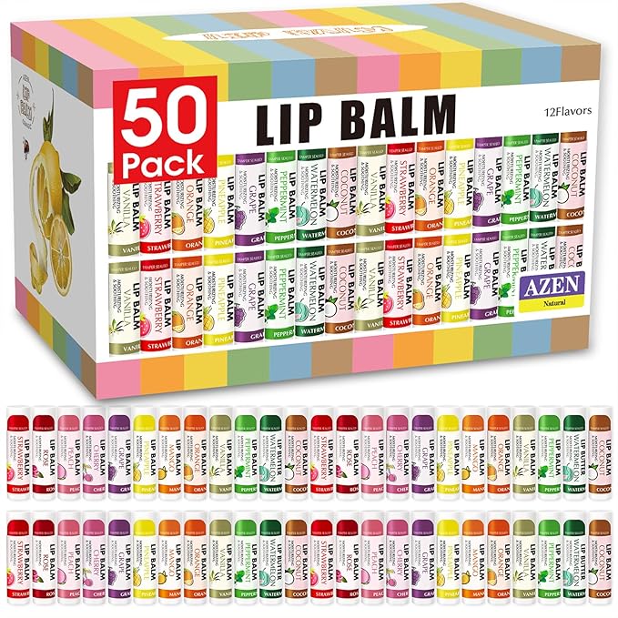 AZEN 50 Pack Lip Balm, Natural Lip Balm Bulk, Lip Care Product, Moisturizing Lip Balm for dry cracked lips-VivaGrace Women