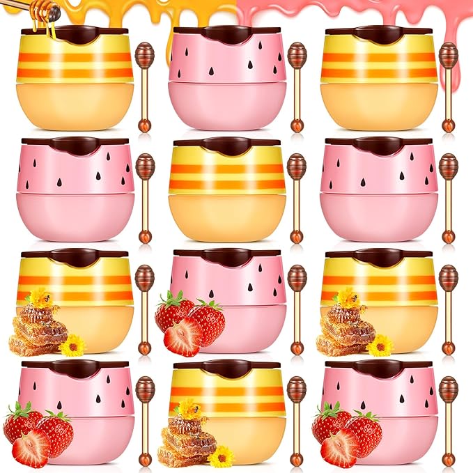 12 Pcs Bee Lip Balm Honey Pot with Brush Propolis Lip Mask Overnight, Moisturizing Hydrating Lip Sleeping Mask Prevention Dry and Cracked(Honey+Strawberry)-VivaGrace Women