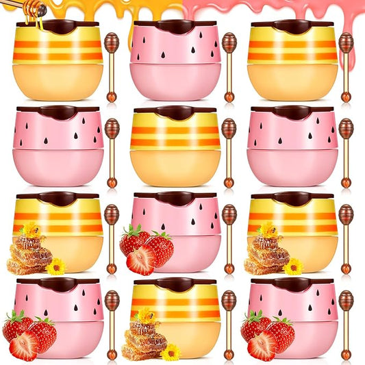 12 Pcs Bee Lip Balm Honey Pot with Brush Propolis Lip Mask Overnight, Moisturizing Hydrating Lip Sleeping Mask Prevention Dry and Cracked(Honey+Strawberry)-VivaGrace Women