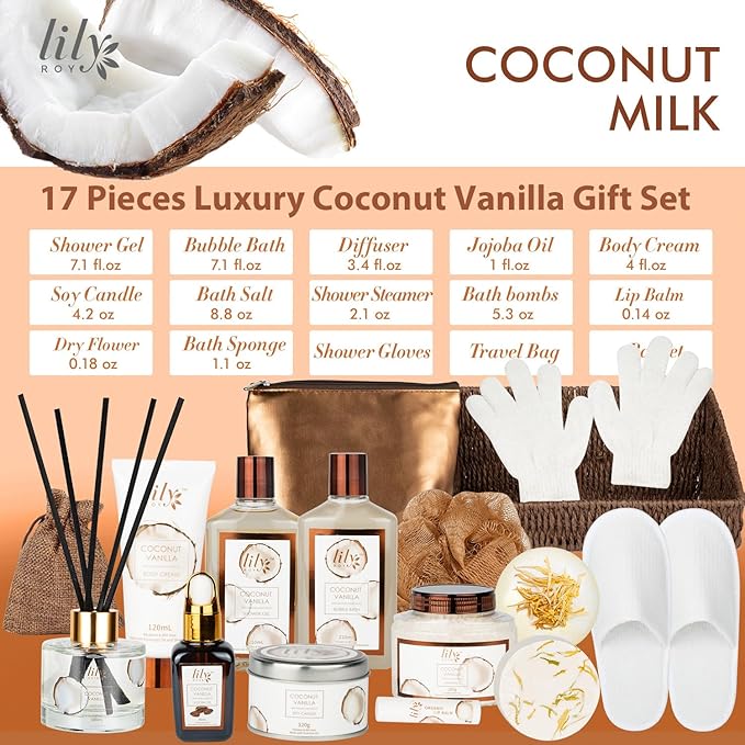 Bath and Body Gift Basket Set for Women - Coconut Vanilla Spa Gift Basket for Women 17-Piece Luxury Bath Gift Set with Shower Gel Self Care Pampering Gifts for Mothers Day, Christmas, Birthday Gifts-VivaGrace Women