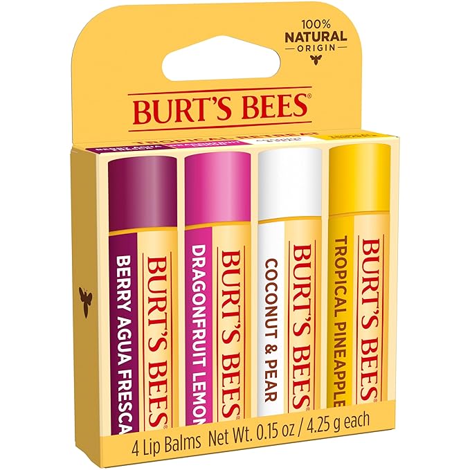 Burt's Bees Lip Balm - Berry Agua Fresca, Dragonfruit Lemon, Coconut & Pear, Tropical Pineapple Pack, With Beeswax, Tint-Free, Natural Origin Lip Treatment, 4 Tubes, 0.15 oz.-VivaGrace Women