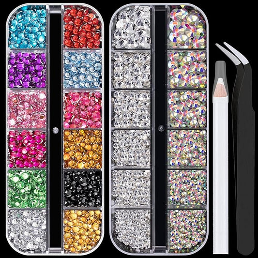 Flat Back Rhinestone Kits Colorful Rhinestones+Crystal AB&Transparent White Gems With Picker Pencil And Tweezer For Home DIY And Professional Nail Art-VivaGrace Women