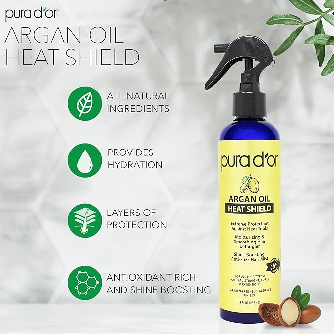 PURA D'OR 8 Oz Argan Oil Heat Shield Protectant Spray with Select Organic Ingredients, Protects Up To 450º F From Flat Iron & Hot Blow Dry, Leave-In, Define & Shine Dry & Damaged Hair-VivaGrace Women