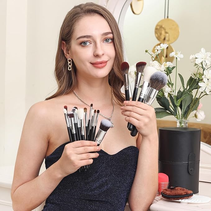 Bueart Design Pro makeup Artist 34Pcs Deluxe Real Goat Hair Horse hair Makeup Brushes Set with extra Large Holder High End Professional labeled makeup brush set with natural Pony Hair-VivaGrace Women