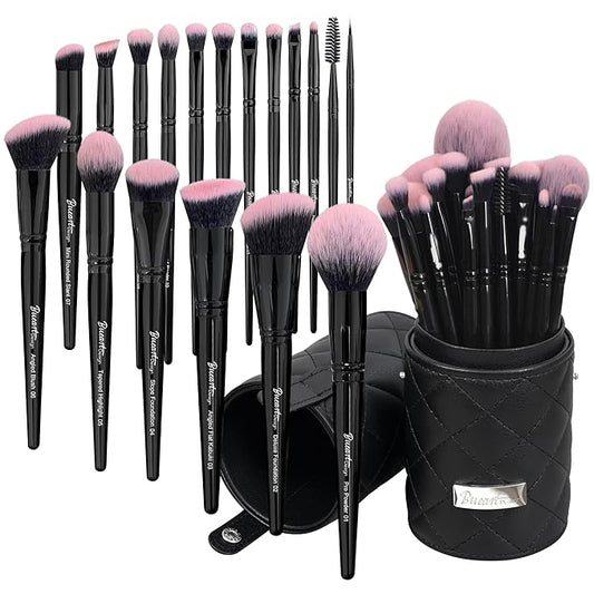 Bueart Design 18Pcs Pro Deluxe Fuchsia Pink Black Makeup Brushes set with Travel Make up Brush Holder case Foundation concealer contour Blush eyeshadow face make up brush set-VivaGrace Women