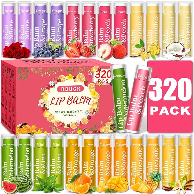 320 Pcs Lip Balm Bulk, 12 Flavored Pack of Lip Balms Natural Lip Balm Pack, Moisturising Organic Lip Balm Set for Cracked Lips, Bulk Gifts Stocking Stuffers Party Favors(4.2g/0.15oz)-VivaGrace Women