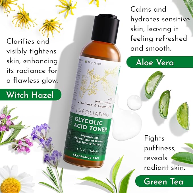 Tree To Tub Glycolic Acid Toner for Face w/Witch Hazel & Hydrating Aloe Vera for Smooth Skin - Minimizes Appearance of Fine Lines & Brightens - Vegan Exfoliating Toner for Women & Men-VivaGrace Women