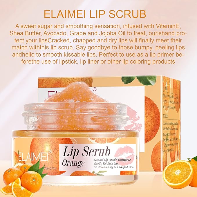 Lip Scrub, Lip Scrubs Exfoliator & Moisturizer, Lip Repair for Lush Soft Lips, Lip Moisturizer for Chapped Dry and Flaky Lips Treatment, Lip Scrubs (Orange)-VivaGrace Women