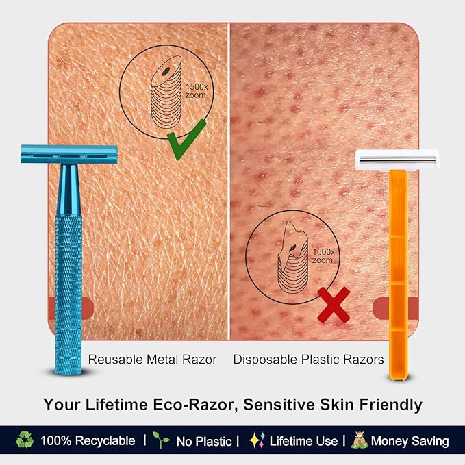 Double Edge Safety Razor, Single Blade Razors for Men and Women, with 10 Stainless Steel Safety Razor Blades, Smooth and Close Wet Shaving, Plastic Free, Blue-VivaGrace Women