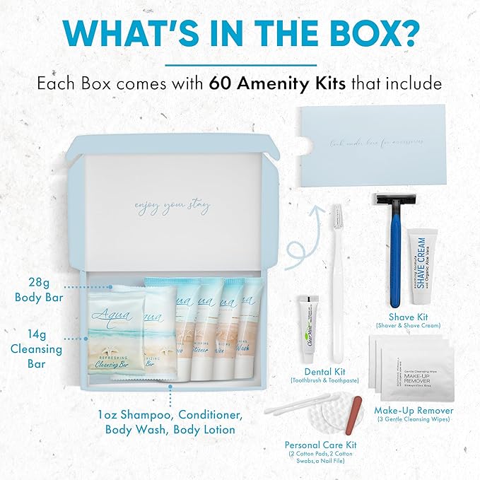 Aqua Organics Amenity & Accessory Kit|1oz Travel Size Shampoo,Conditioner,Lotion,Body Wash,Body Bar, Cleansing Bar, Shave & Dental Sets, Make-Up Remover Wipes & Vanity Kit|60 sets-VivaGrace Women