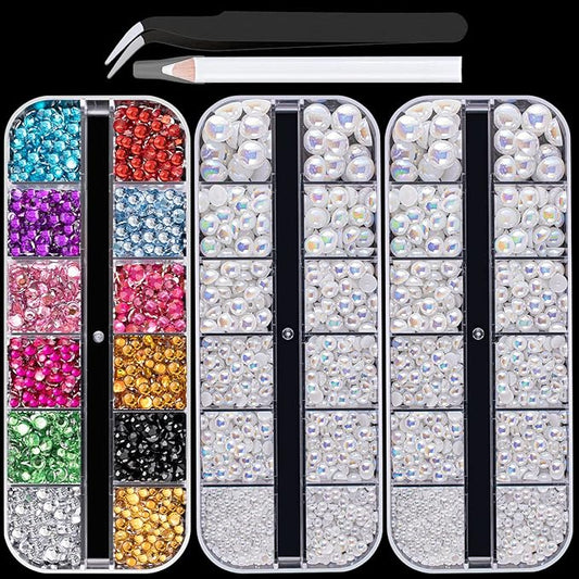 Flat Back Rhinestone+Half Round Pearl Kits Colorful Rhinestones+White AB Pearls With Picker Pencil And Tweezer For Home DIY And Professional Use-VivaGrace Women
