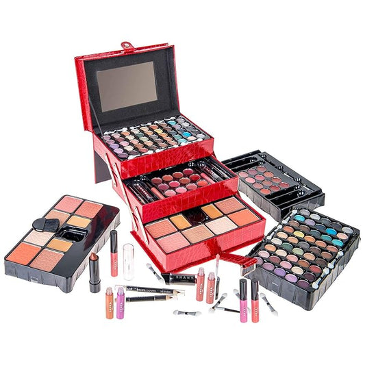 SHANY All In One Makeup Kit (Eyeshadow, Blushes, Face Powder, Lipstick, Eye liners, Makeup Pencils and Makeup Mirror - Makeup Set With Reusable Makeup Storage Box - Red-VivaGrace Women