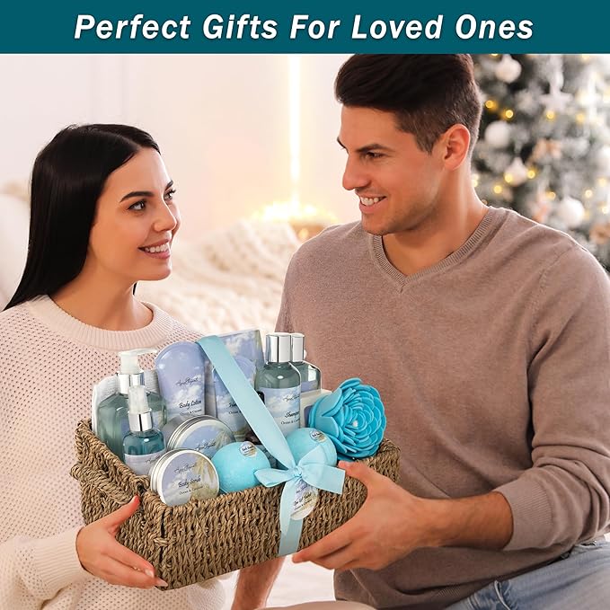 Bath Spa Gift Sets - Luxury Basket With Ocean & Coconut - Spa Kit Includes Wash, Bubble Bath, Lotion, Bath Salts, Body Scrub, Shower Puff, Bathbombs, Soap and Towel-VivaGrace Women