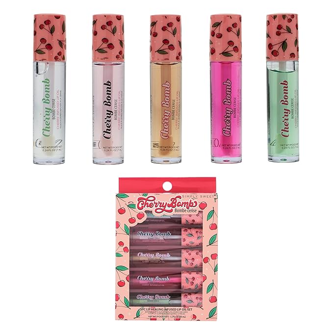 Expressions 5pc Lip Oil Set - Cherry Bomb Lip Oils, Lip Healing Cherry Infused Lip Oil Collection with Precision Applicator Wand Everyday Lip Care and Lip Repair (CHERRY BOMB)-VivaGrace Women