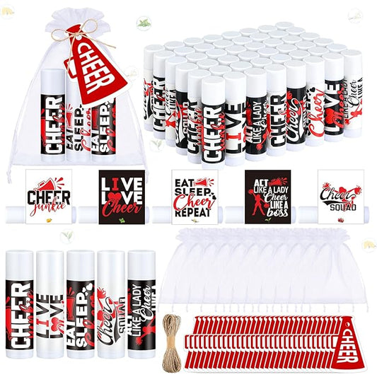 50 Sets Cheer Gifts Bulk 50 Cheer Lip Balm Bulk Moisturizing with 50 Organza Drawstring Gift Bags 50 Tags Cheerleader Gifts Cheer Gifts Bulk for Team (Red)-VivaGrace Women