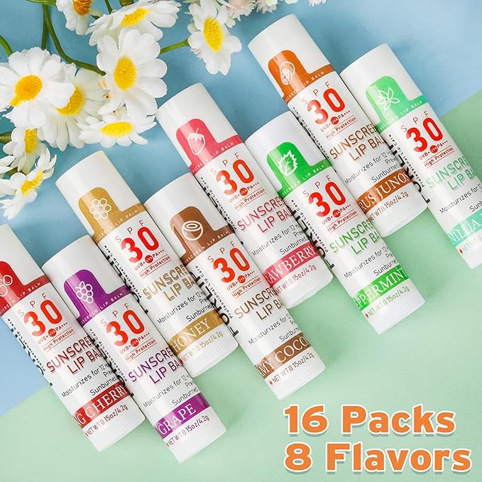 SPF 30 Lip Balm with Sunscreen, SPF Lip Balm Bulk Travel Size-16 Pack, Hydrating Lip Balm Pack with Vitamin E and Coconut Oil- 8 Flavors-VivaGrace Women