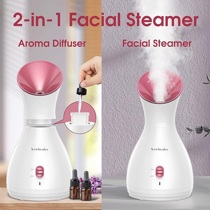 Newbealer 2in1 Facial Steamer, Hot Mist Facial Aromatherapy Humidifier Atomizer, Large Face Steamer Unclogs Pores Sinuses Moisturizing, Home Sauna Spa with Eyebrow Set (Red, 170ml)-VivaGrace Women