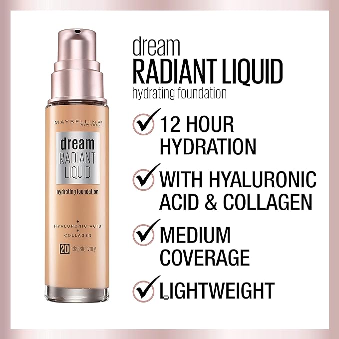 Maybelline Dream Radiant Liquid Medium Coverage Hydrating Makeup, Lightweight Liquid Foundation, Fair Porcelain, 1 Count-VivaGrace Women
