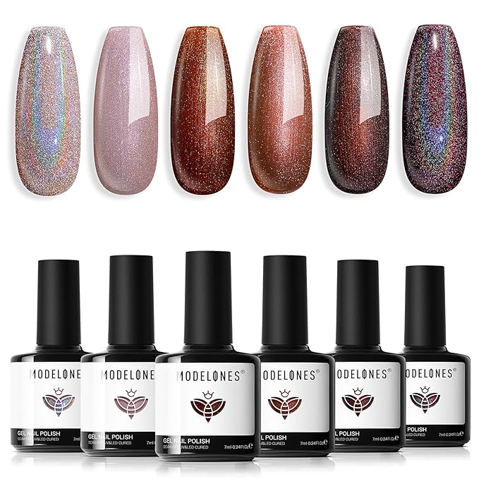 modelones Chameleon Gel Nail Polish Set, 6 Colors Fall Gel Polish Kit Nude Brown Glitter Shimmer Soak Off LED Nail Lamp Gel Nail Kit Home Gift DIY Salon For Women Girl-VivaGrace Women