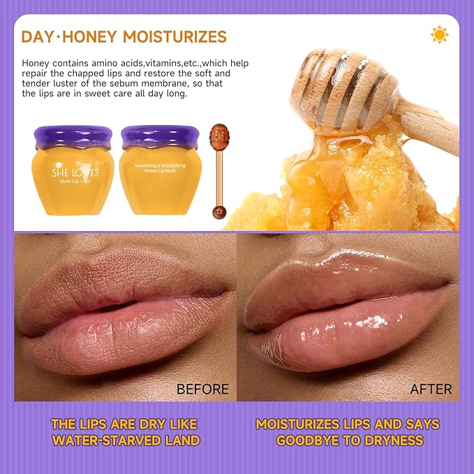 Honey Lip Mask with Stick, Day & Night Repair Deep Moisture and Fade Lip Lines, Vitamin E & Beeswax Essence Natural Lip Enhancer Care Sleeping Lip Mask (Honey for Day Use)-VivaGrace Women