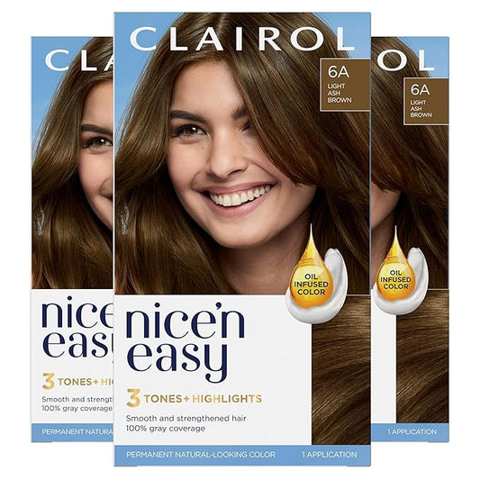 Clairol Nice'n Easy Permanent Hair Dye, 6A Light Ash Brown Hair Color, Pack of 3-VivaGrace Women
