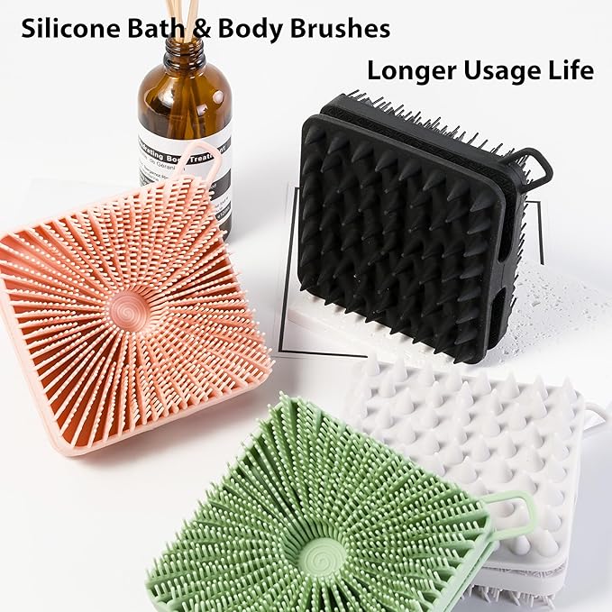2 PC Silicone Exfoliating Body Scrubber, Silicone Body Shampoo Brush, Soft Silicone Loofah for Sensitive Skin, Shower Silicone Hair Scalp Massager, Easy to Clean, Lather Well(Gray&Pink)-VivaGrace Women