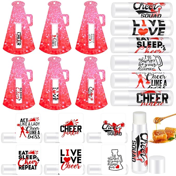 60 Pcs Cheerleading Lip Balm Bulk Cheer Teams Lip Balm Gifts Set Honey Moisturizing Lip Care Flavor Hydration Dry Chapped Lips for Men Women Children(Red)-VivaGrace Women